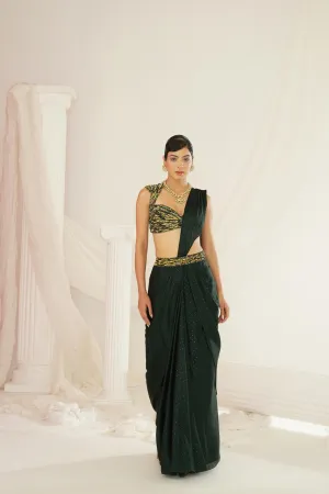 Forest Green Embroidered Blouse With  Ready To Wear Drape Saree Set