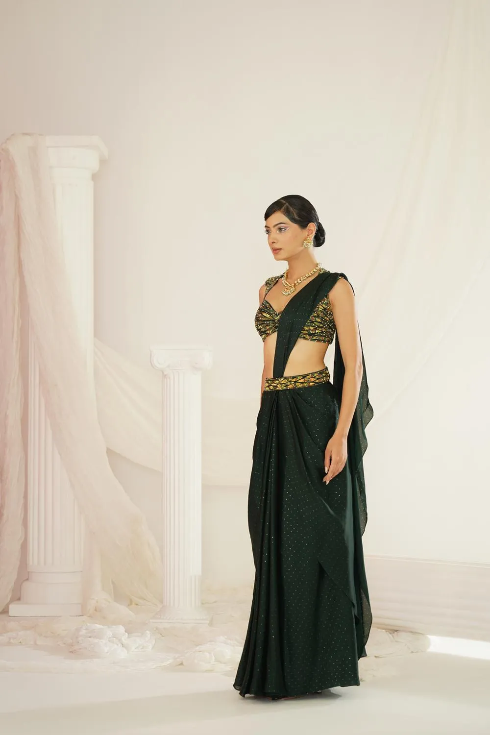 Forest Green Embroidered Blouse With  Ready To Wear Drape Saree Set