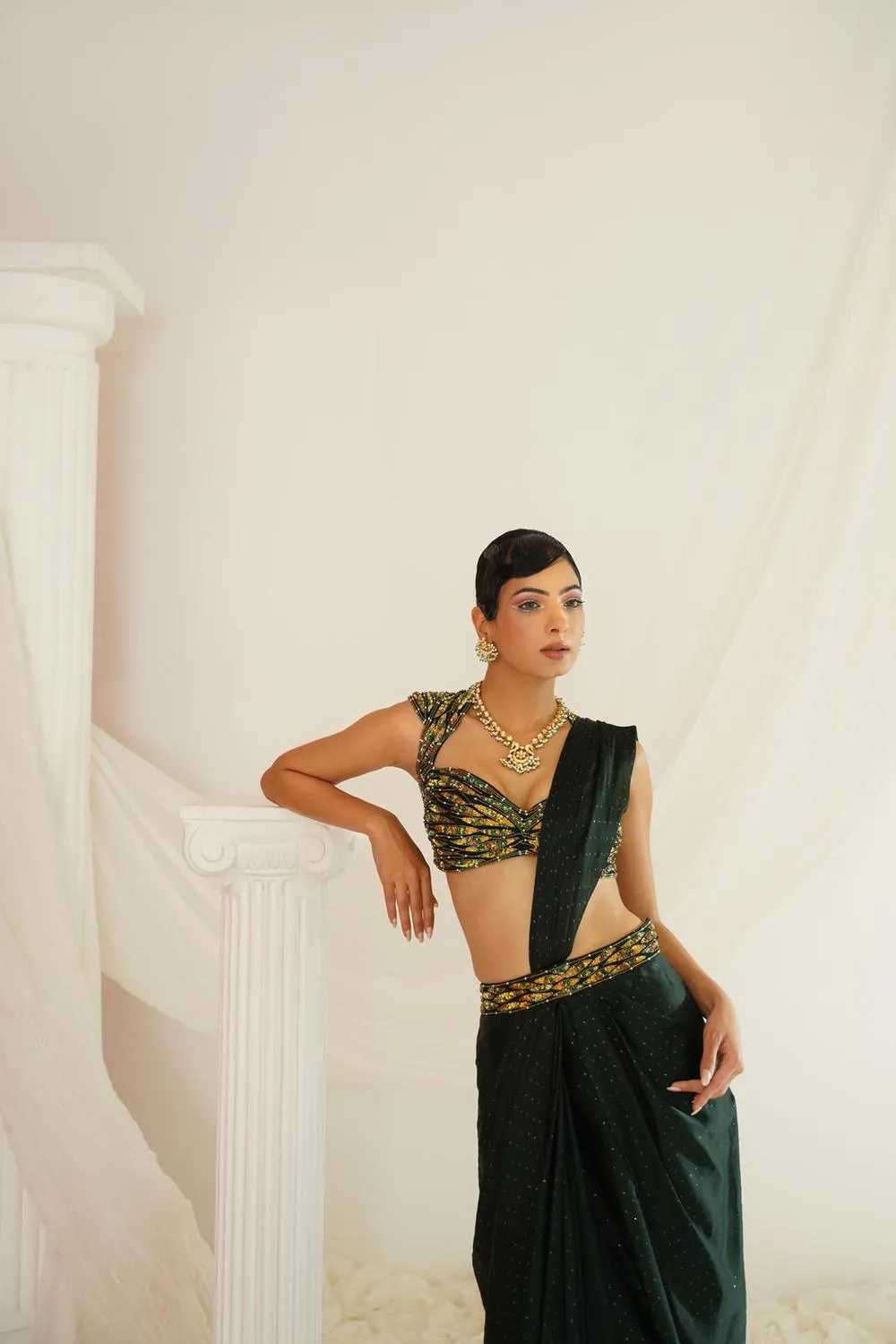 Forest Green Embroidered Blouse With  Ready To Wear Drape Saree Set