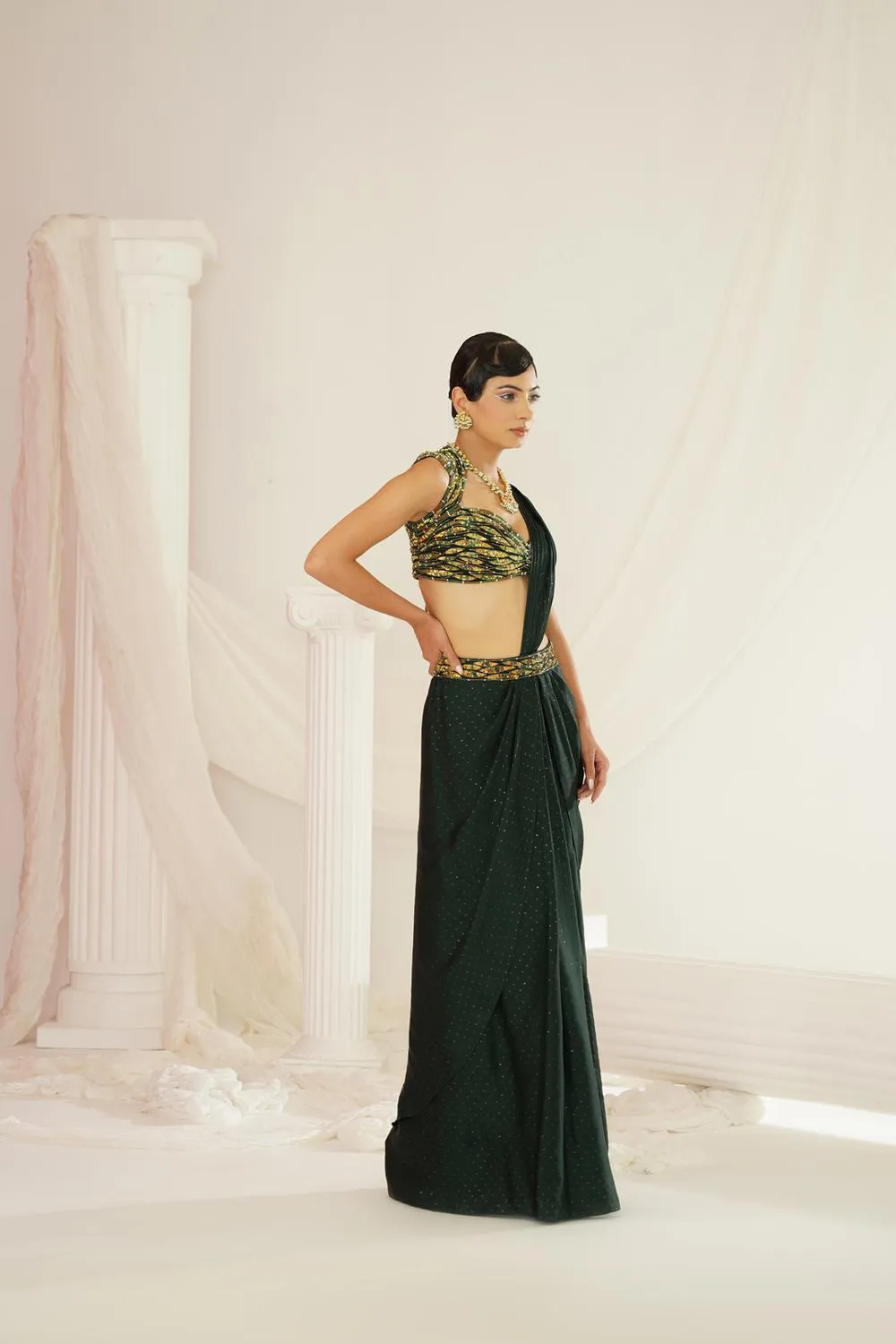 Forest Green Embroidered Blouse With  Ready To Wear Drape Saree Set