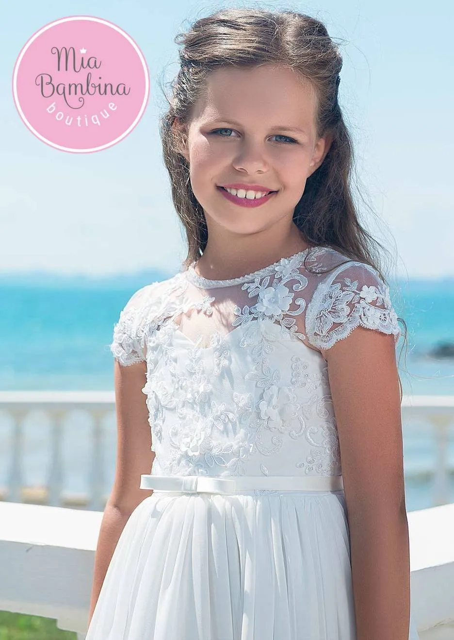 Girls First Communion Dress with Short Lace Sleeves