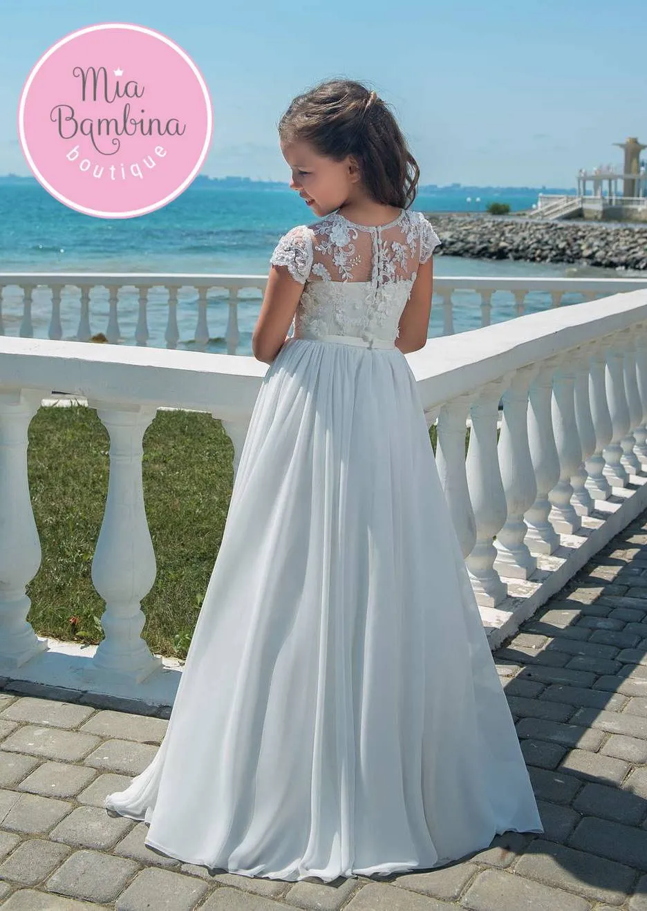 Girls First Communion Dress with Short Lace Sleeves