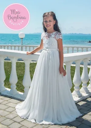 Girls First Communion Dress with Short Lace Sleeves