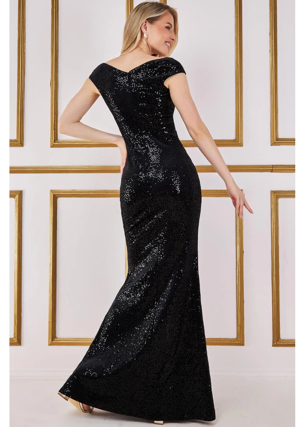 Goddiva Zoe Sequin Velvet Maxi Dress Black