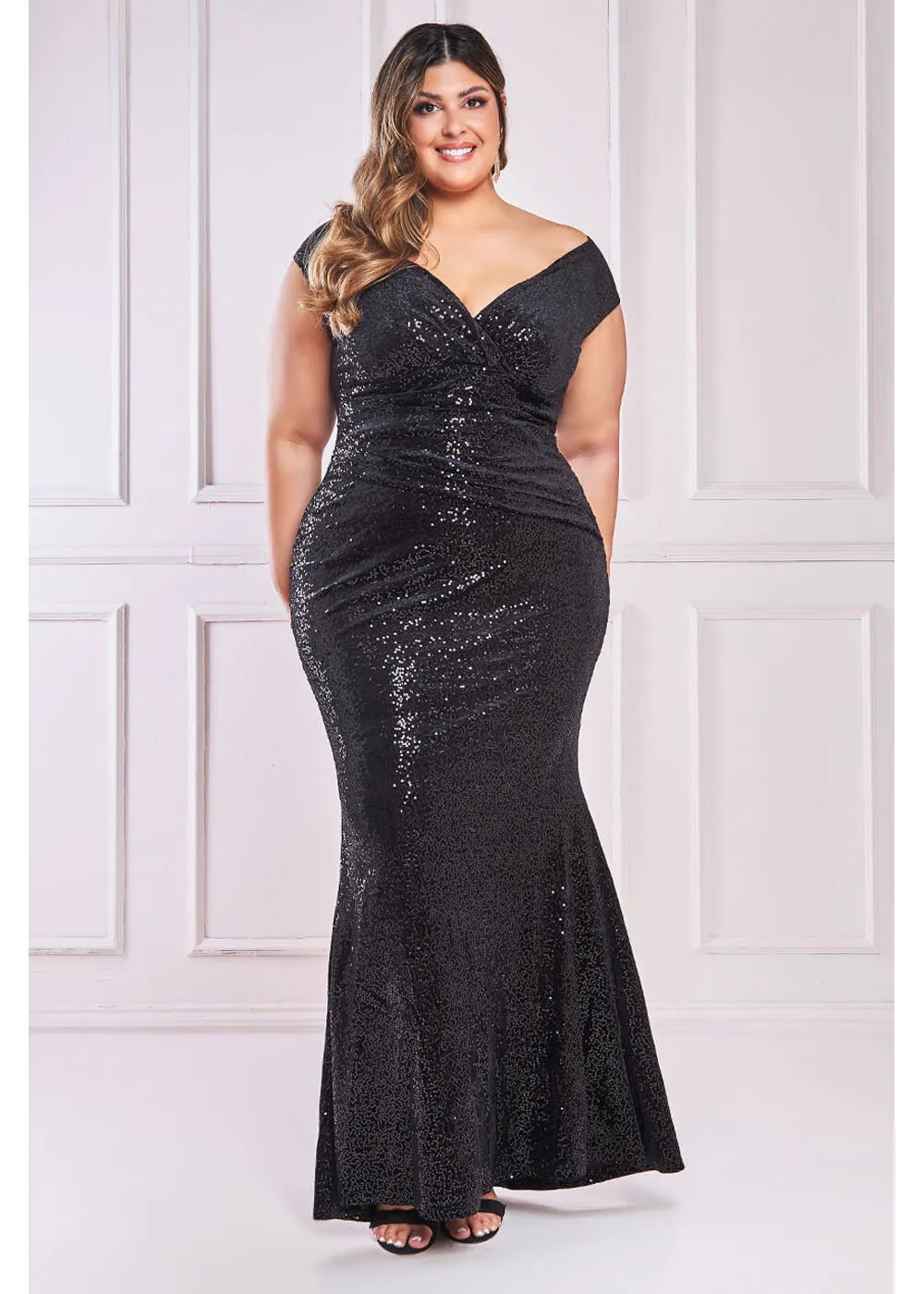 Goddiva Zoe Sequin Velvet Maxi Dress Black