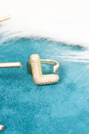 Goldtone Crystal Pave "L"  Cuff Ring