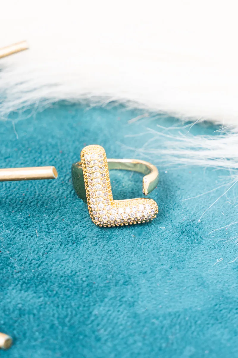 Goldtone Crystal Pave "L"  Cuff Ring