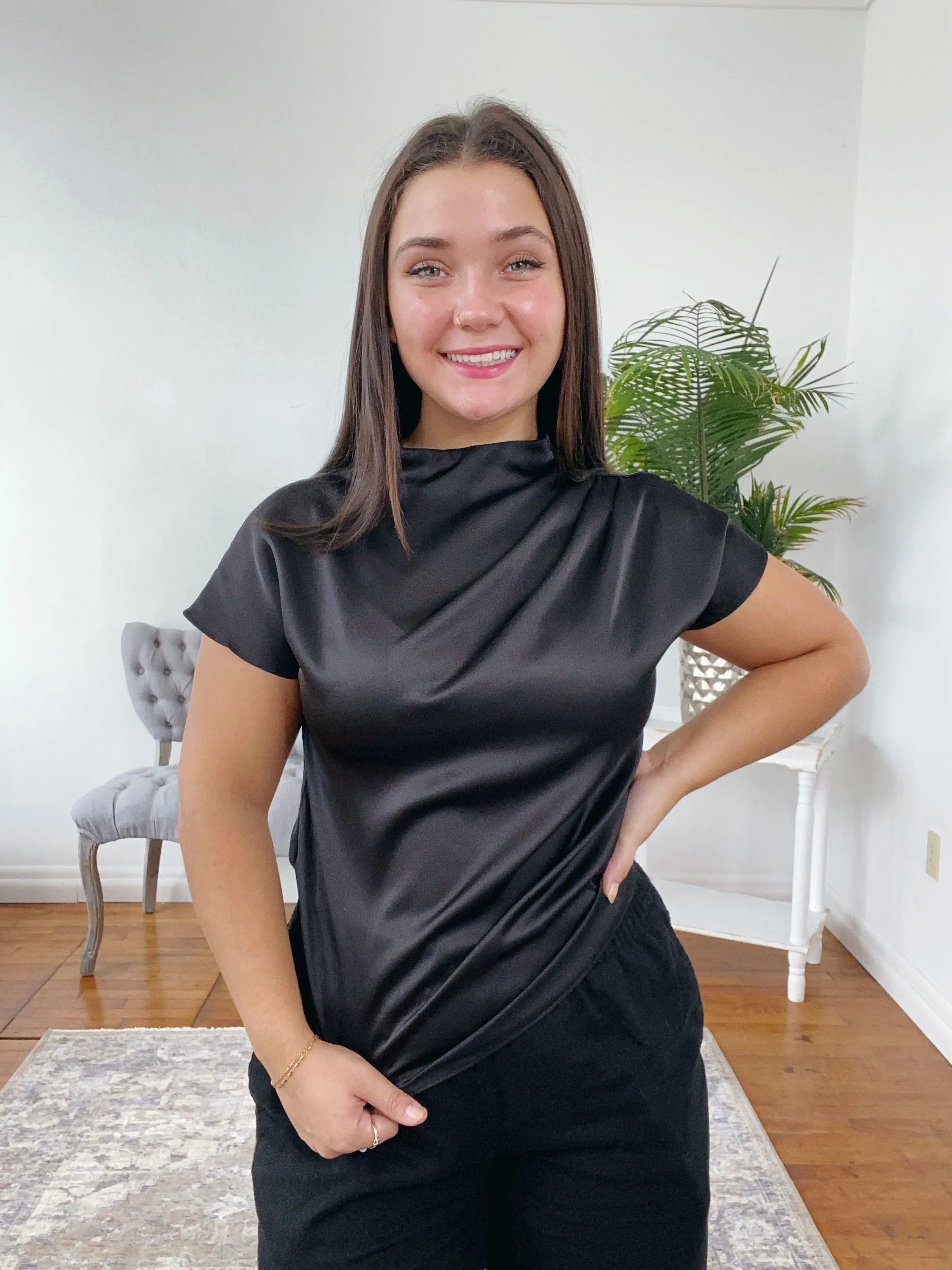 Grace Satin Ruched Mock-Neck Blouse FINAL SALE