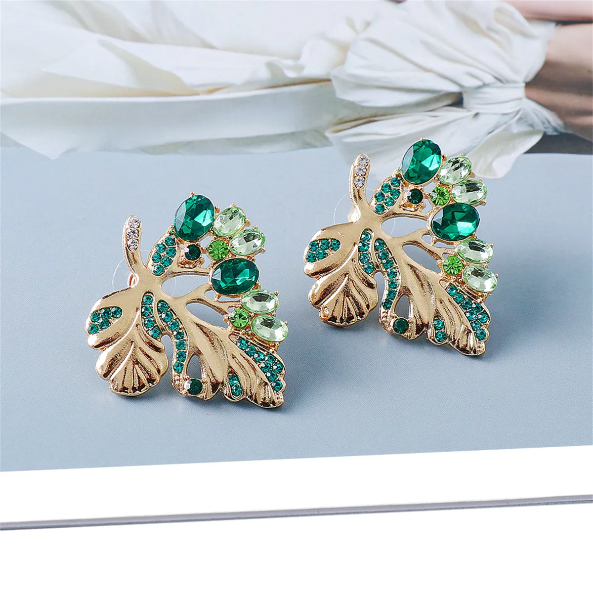 Green Crystal & Cubic Zirconia Leaf Stud Earrings