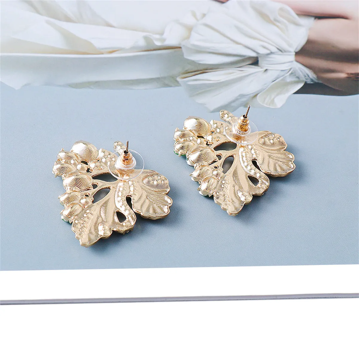 Green Crystal & Cubic Zirconia Leaf Stud Earrings