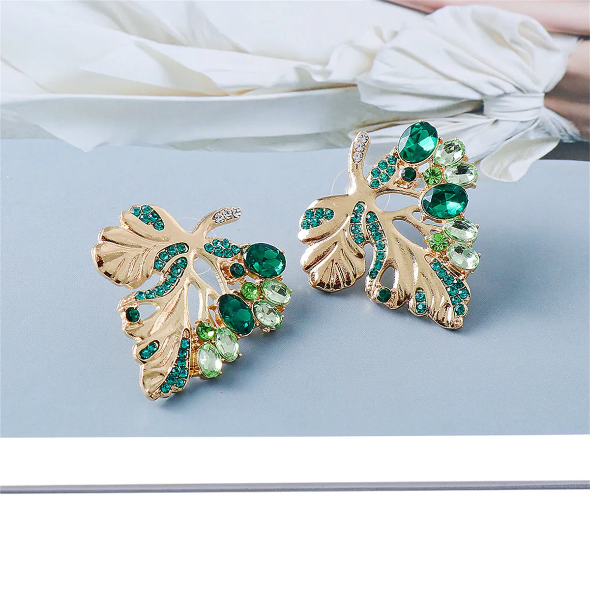 Green Crystal & Cubic Zirconia Leaf Stud Earrings