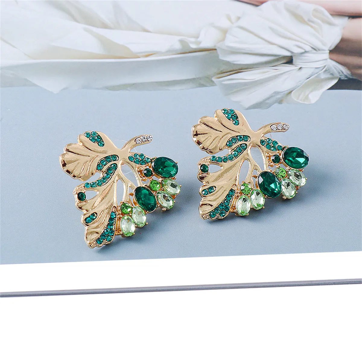 Green Crystal & Cubic Zirconia Leaf Stud Earrings