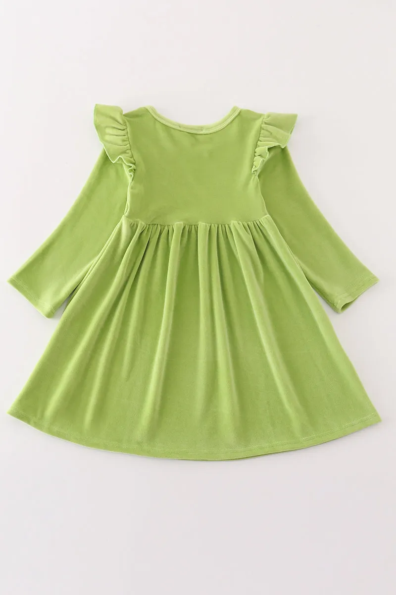 Green Velvet Christmas Charactor Embroidery Mom&me Dress