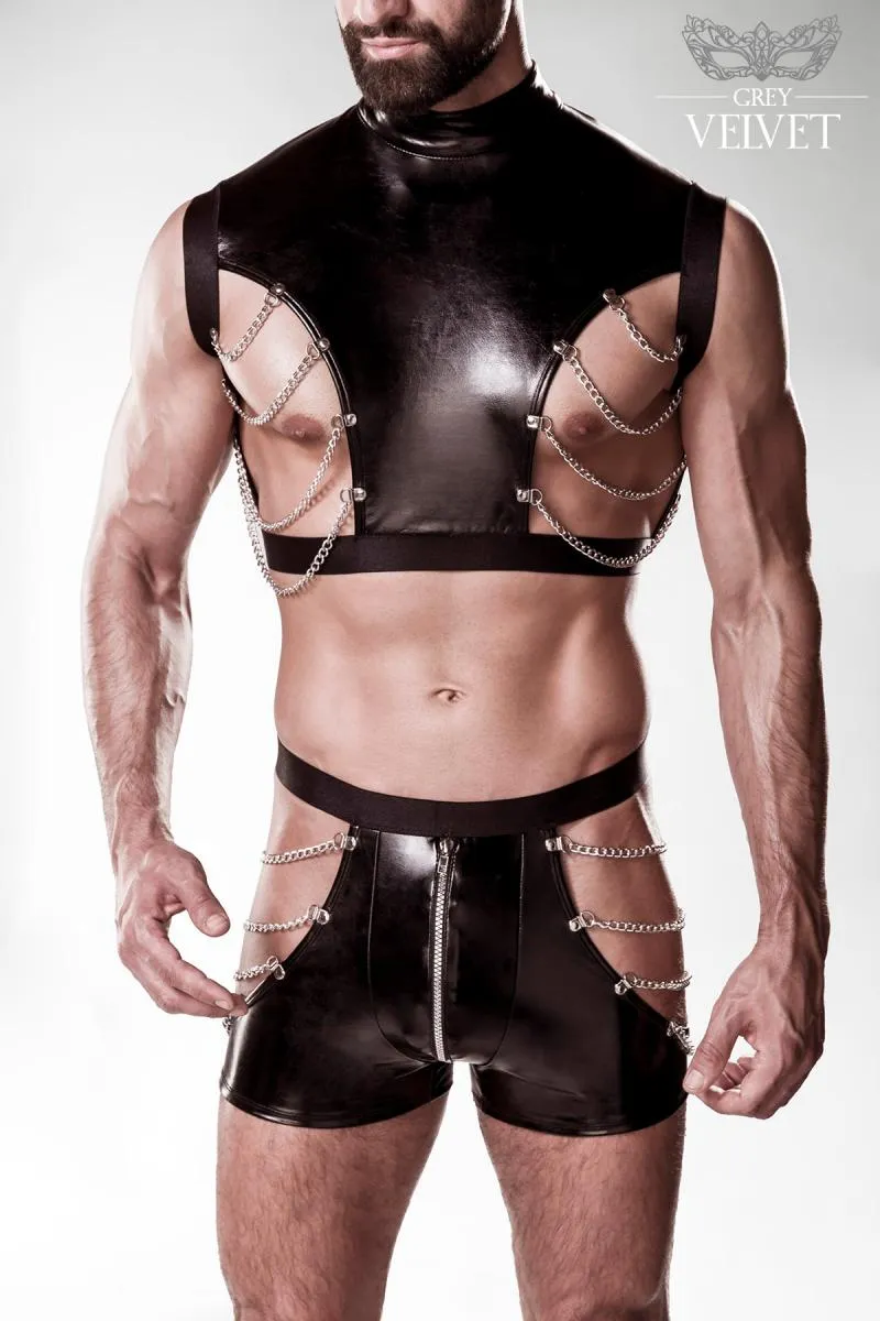 Grey Velvet Mens Leather Look Outfit