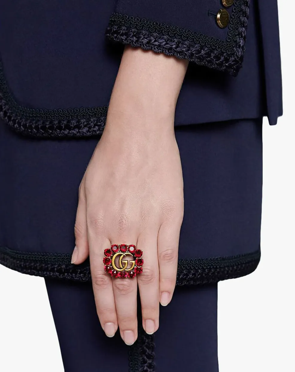 Gucci Marmont Double G Pink Crystal Ring in Gold