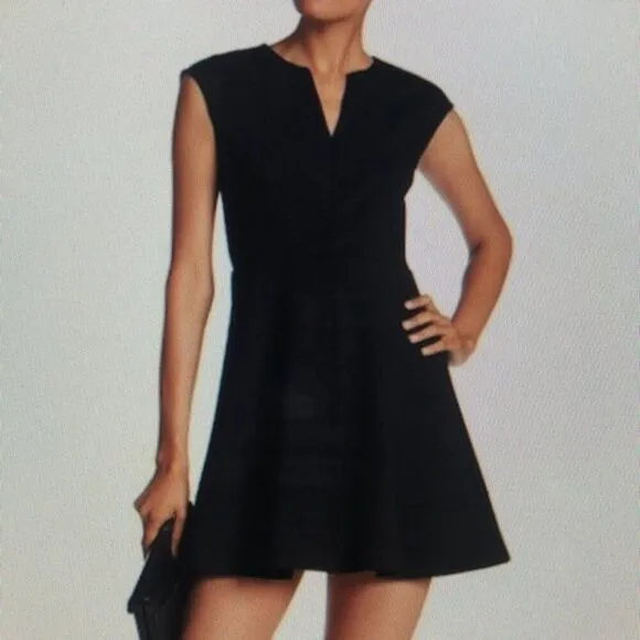 Halston Heritage V-Neck Fit Flare Ponte Knit Mini Dress, Sz 2 Navy EUC