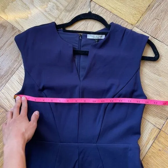 Halston Heritage V-Neck Fit Flare Ponte Knit Mini Dress, Sz 2 Navy EUC