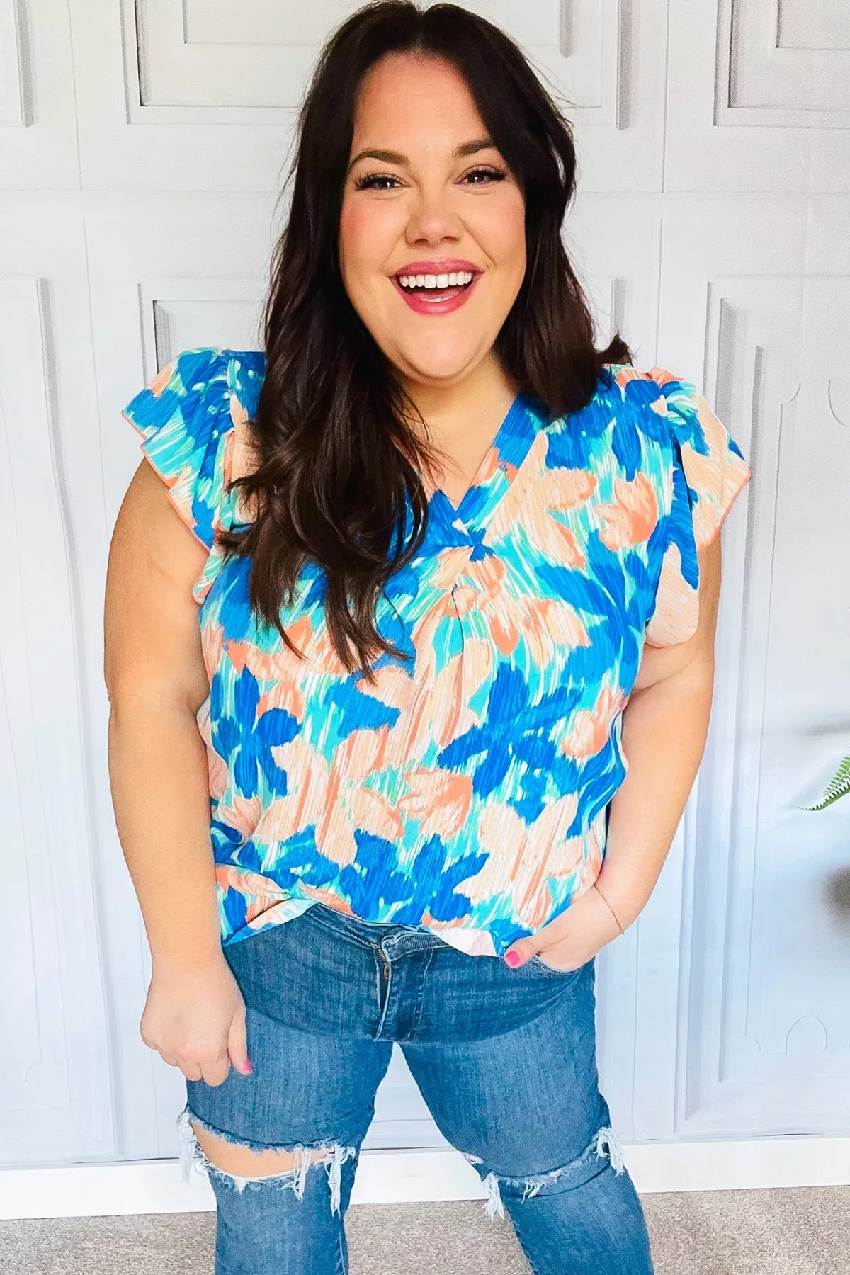 Haptics Tropical Breeze Turquoise Floral Banded V Neck Flutter Sleeve Top