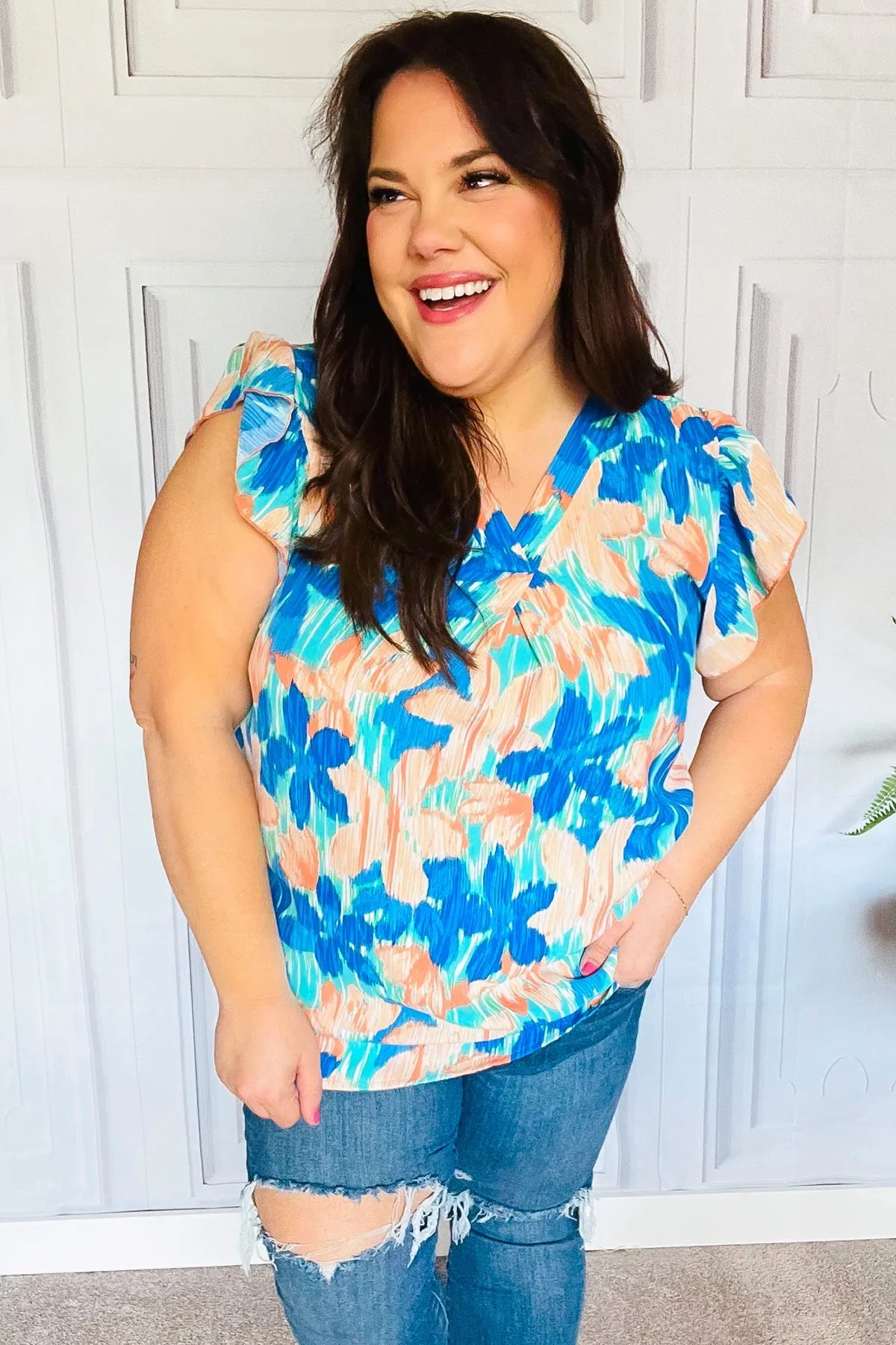 Haptics Tropical Breeze Turquoise Floral Banded V Neck Flutter Sleeve Top