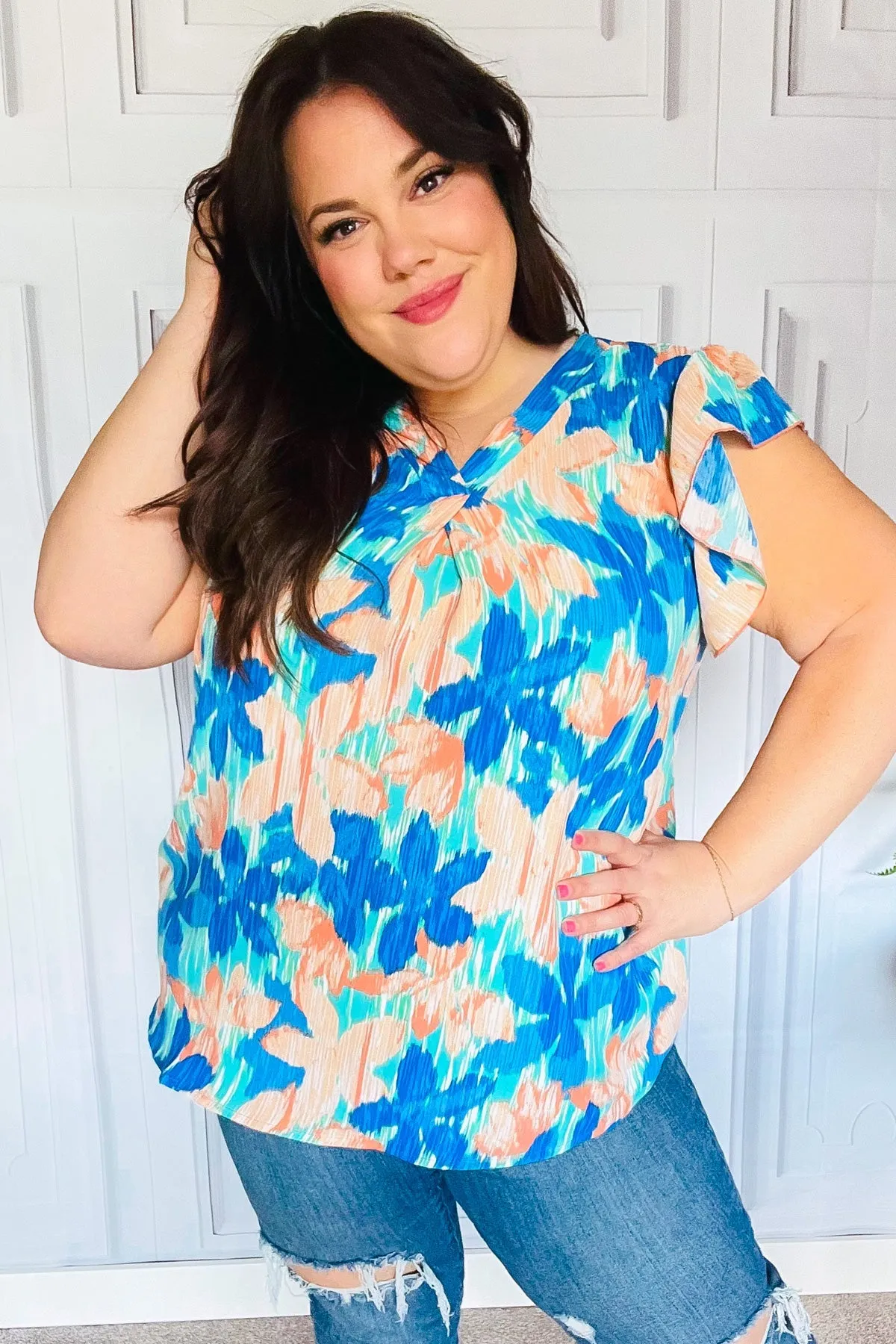 Haptics Tropical Breeze Turquoise Floral Banded V Neck Flutter Sleeve Top