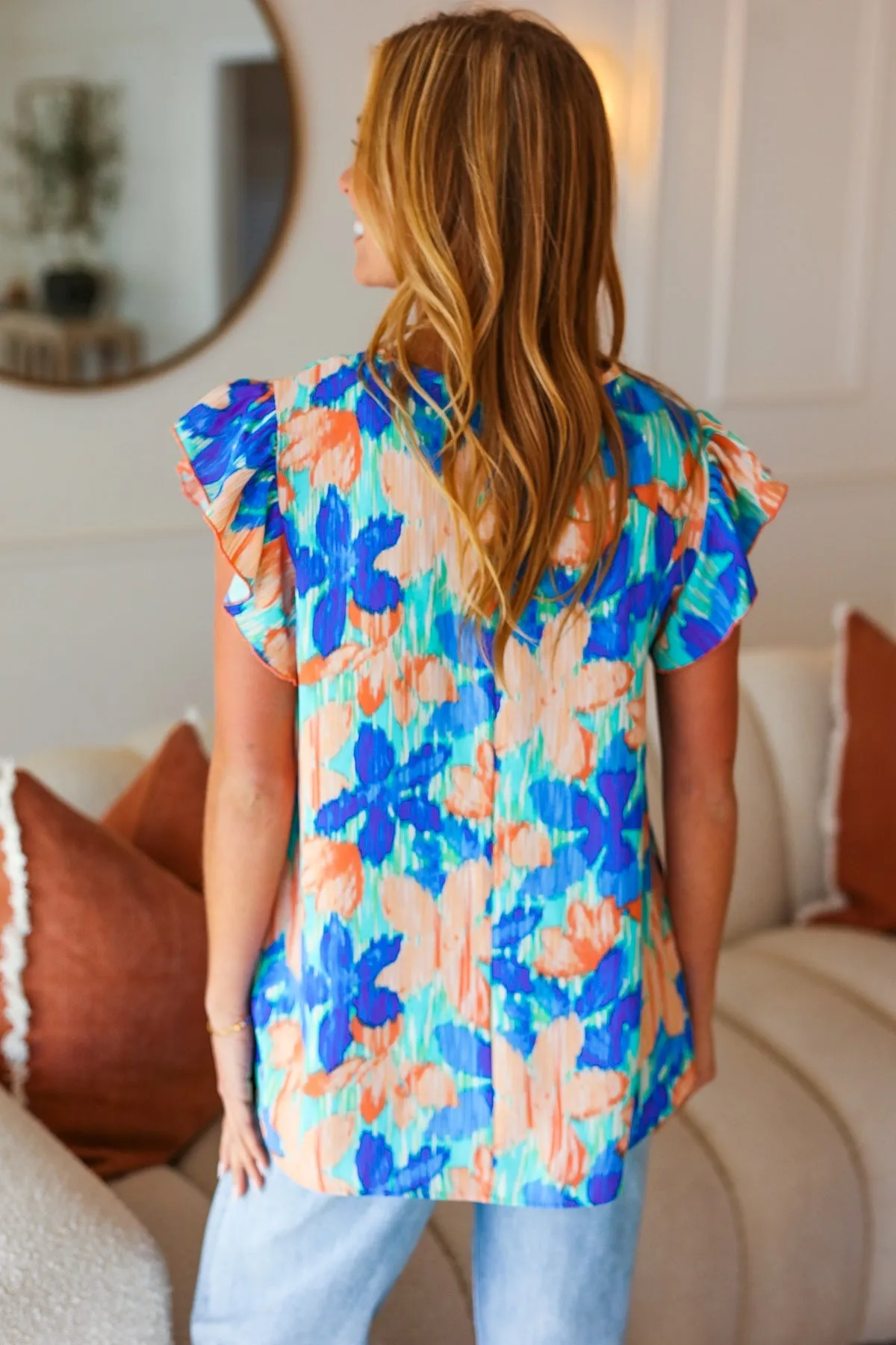 Haptics Tropical Breeze Turquoise Floral Banded V Neck Flutter Sleeve Top