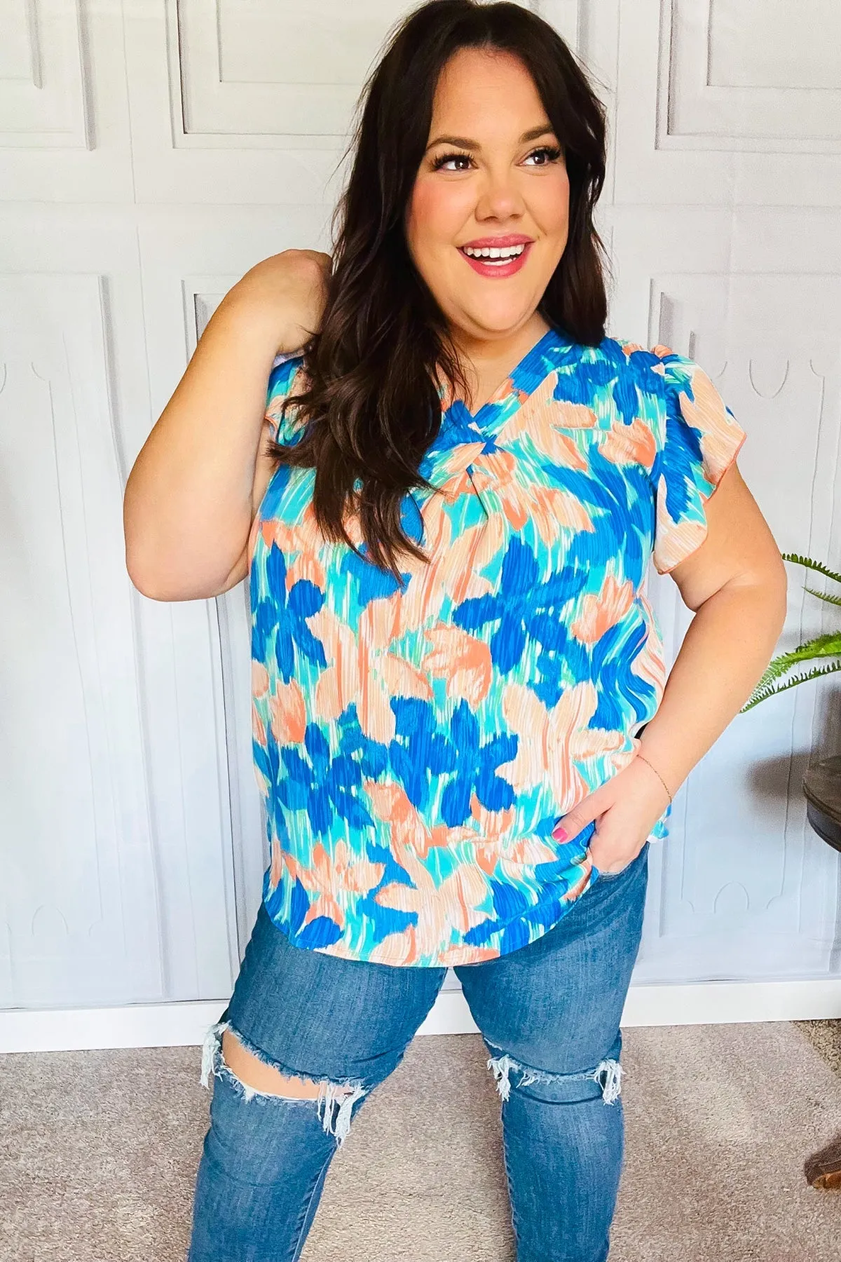 Haptics Tropical Breeze Turquoise Floral Banded V Neck Flutter Sleeve Top