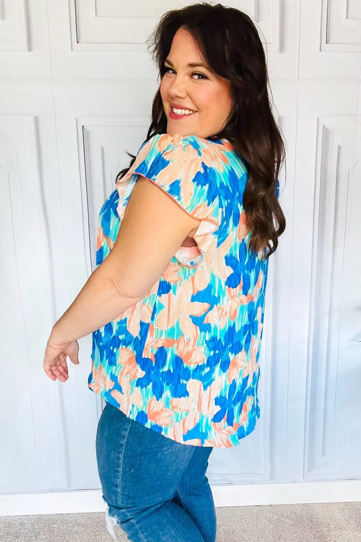 Haptics Tropical Breeze Turquoise Floral Banded V Neck Flutter Sleeve Top