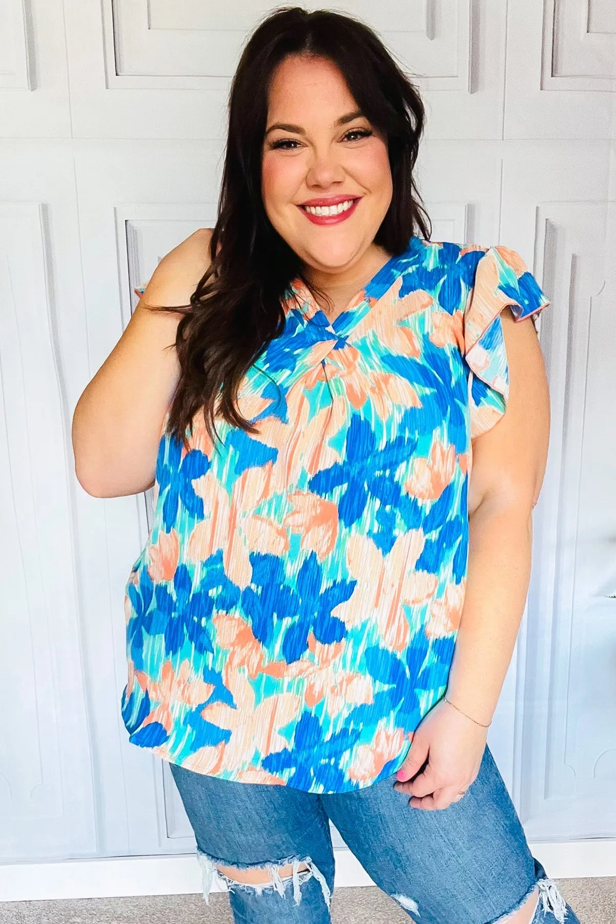 Haptics Tropical Breeze Turquoise Floral Banded V Neck Flutter Sleeve Top