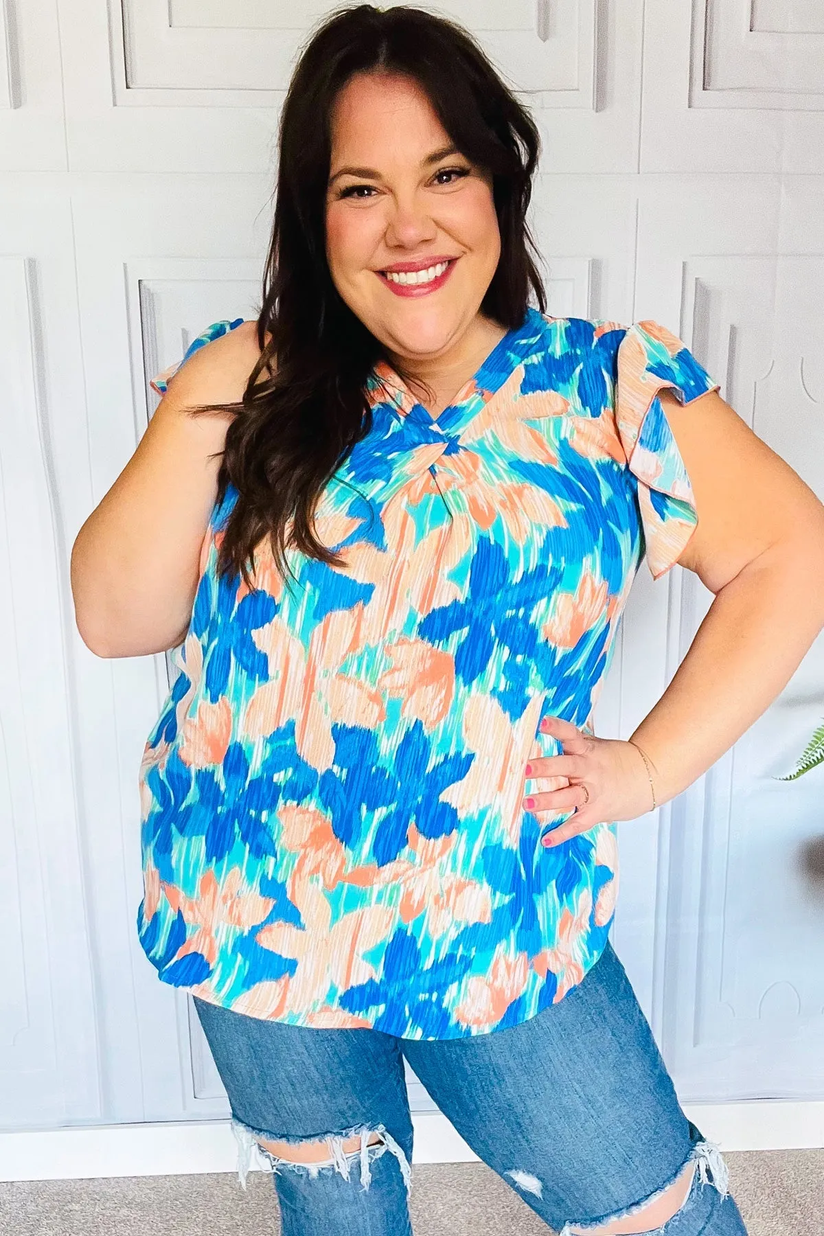 Haptics Tropical Breeze Turquoise Floral Banded V Neck Flutter Sleeve Top
