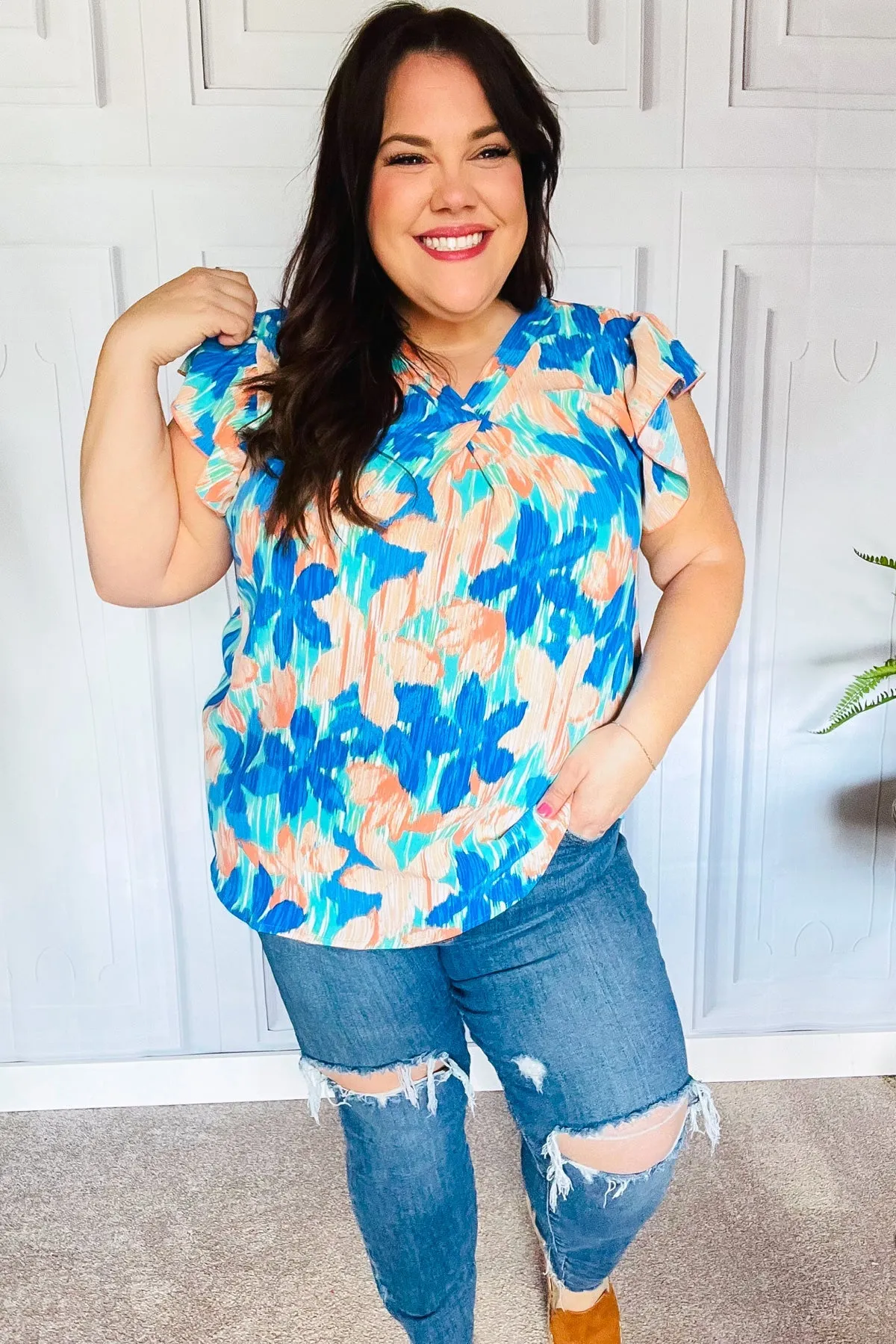 Haptics Tropical Breeze Turquoise Floral Banded V Neck Flutter Sleeve Top