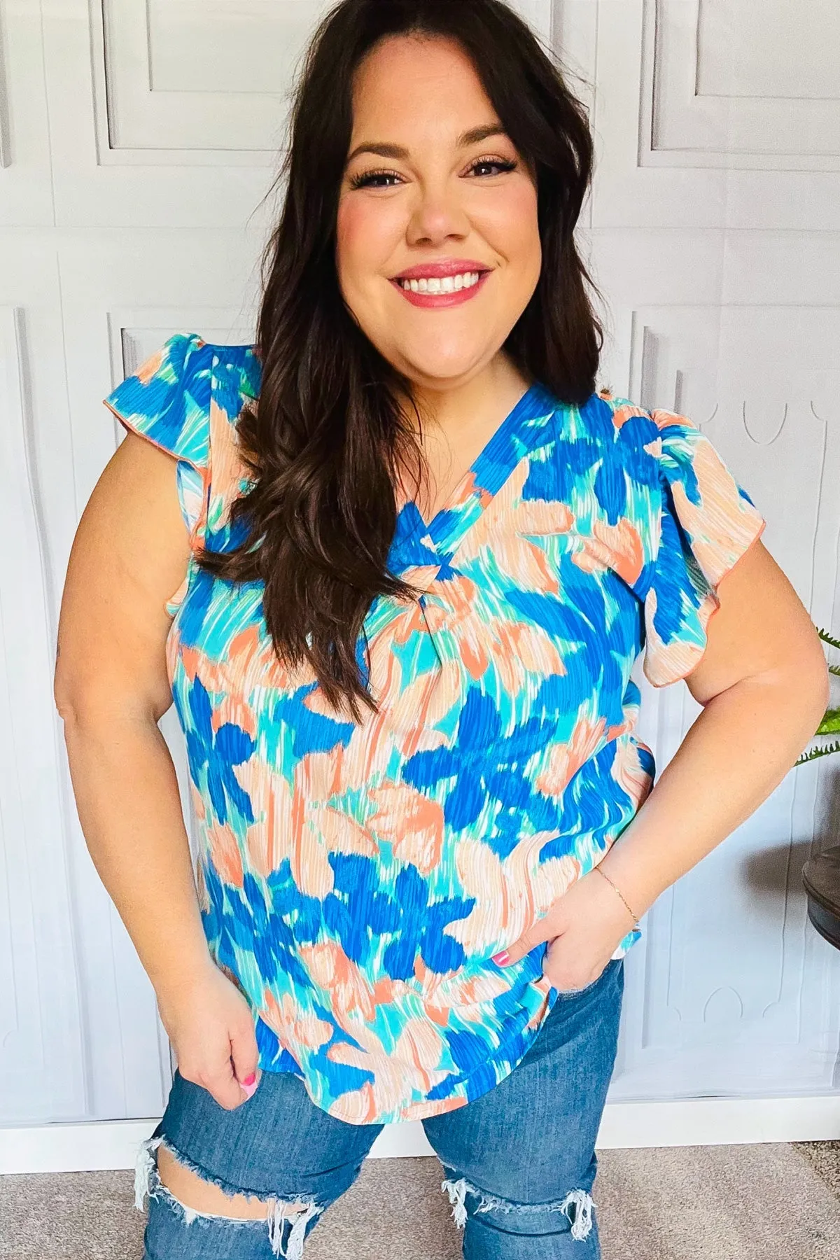 Haptics Tropical Breeze Turquoise Floral Banded V Neck Flutter Sleeve Top