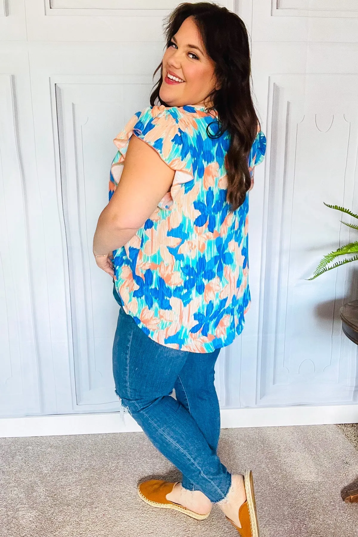 Haptics Tropical Breeze Turquoise Floral Banded V Neck Flutter Sleeve Top