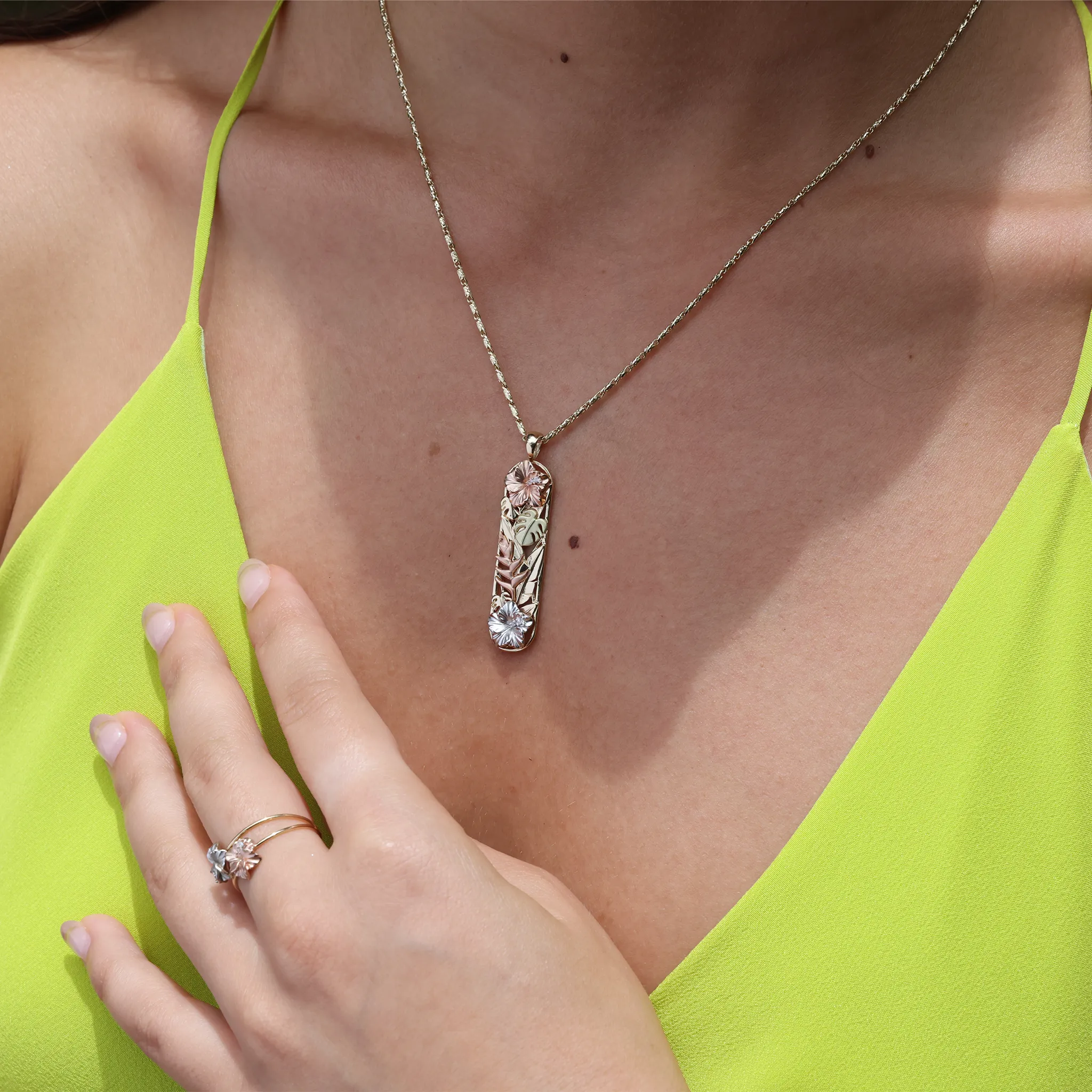 Hawaiian Gardens Hibiscus Pendant in Four Tone Gold with Diamonds - 39mm