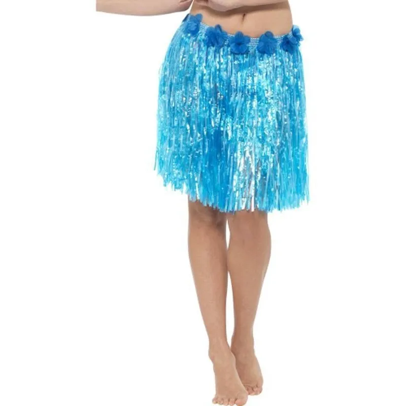 Hawaiian Hula Skirt With Flowers Neon Blue