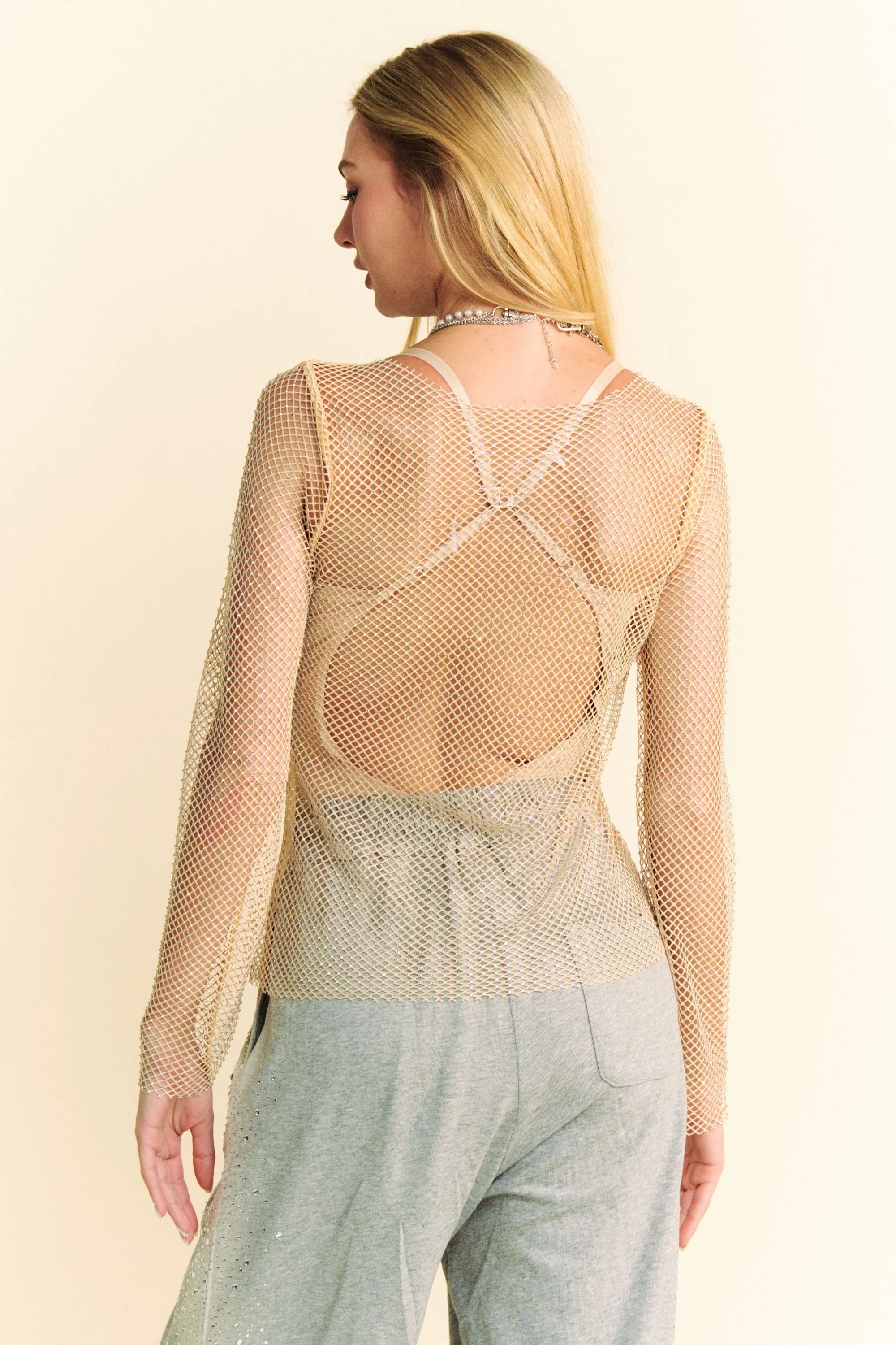 Hazel Blues® |  Davi & Dani Sparkling Rhinestone Sheer Mesh Round Neck Top