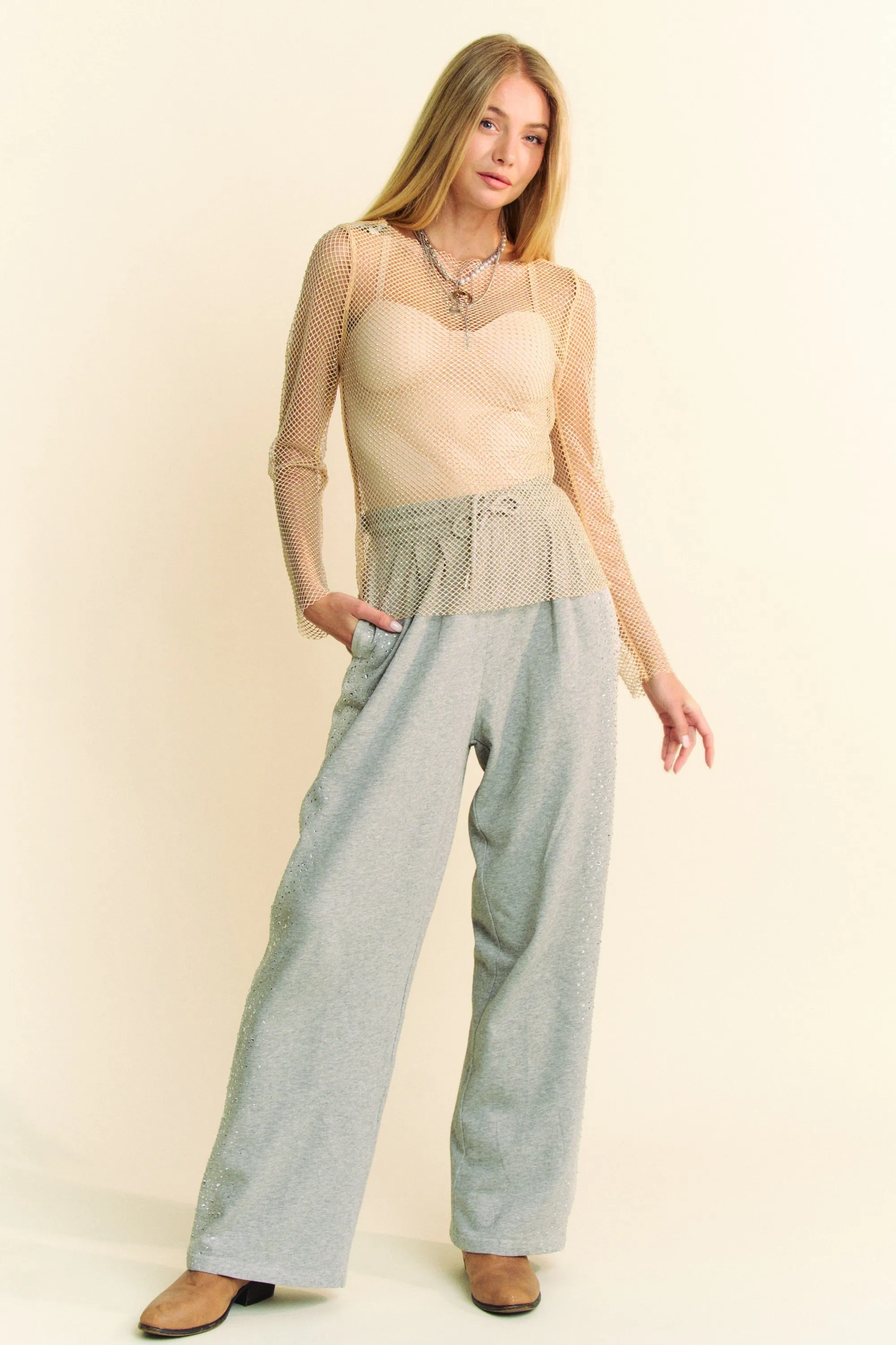Hazel Blues® |  Davi & Dani Sparkling Rhinestone Sheer Mesh Round Neck Top