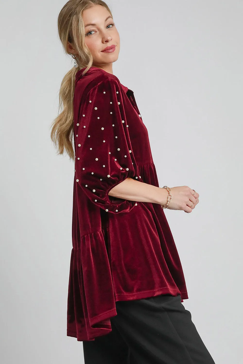 Hazel Blues® |  Umgee Pearl Detail Collared Neck Velvet Babydoll Blouse