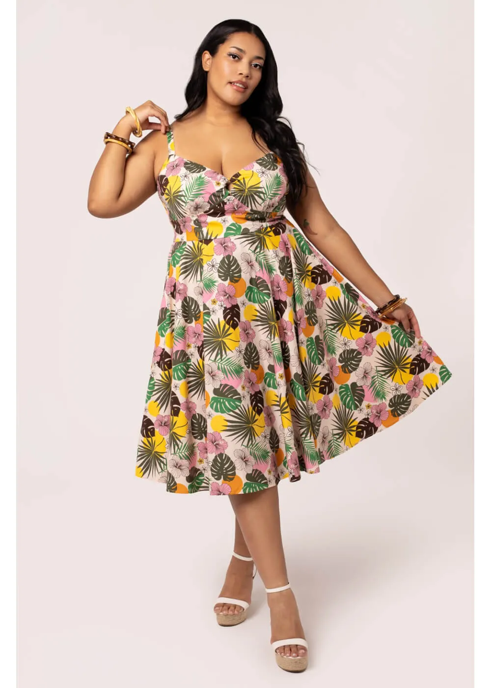 Hell Bunny Benita Tiki 50's Swing Dress in Beige
