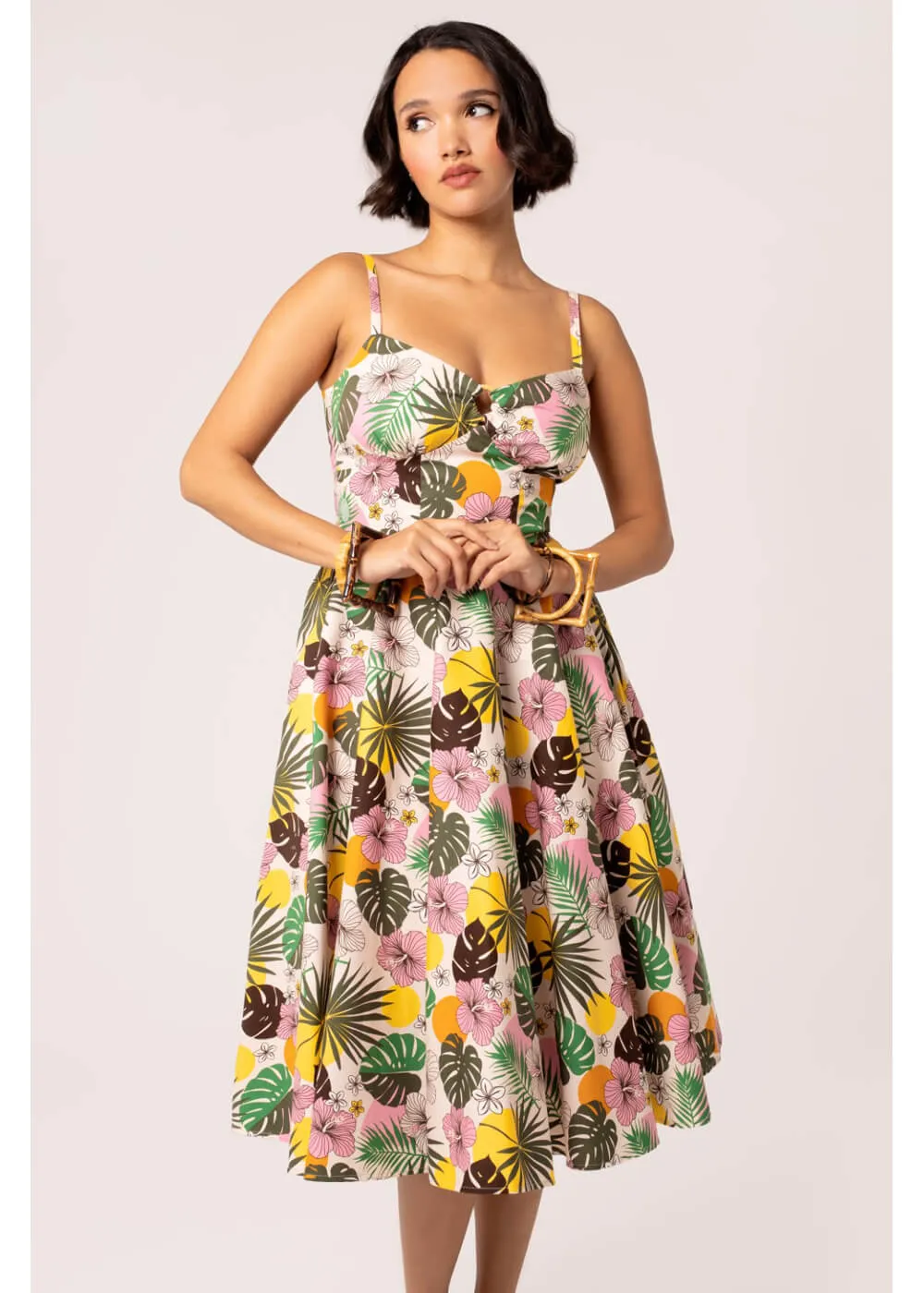 Hell Bunny Benita Tiki 50's Swing Dress in Beige