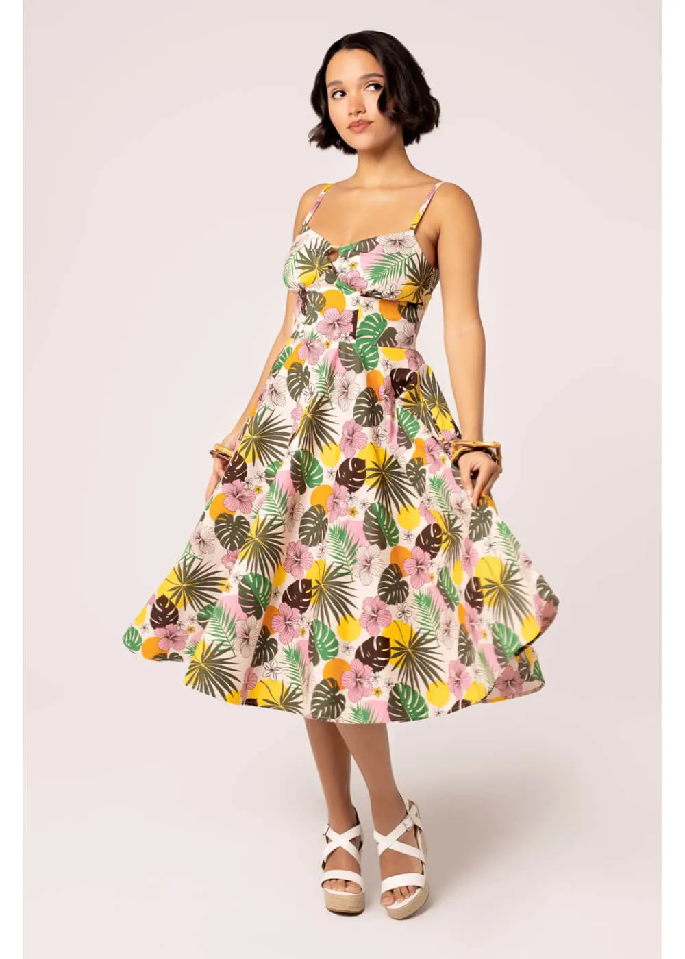 Hell Bunny Benita Tiki 50's Swing Dress in Beige