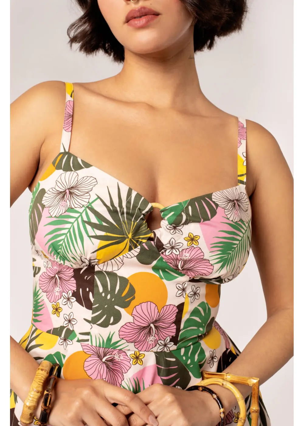 Hell Bunny Benita Tiki 50's Swing Dress in Beige