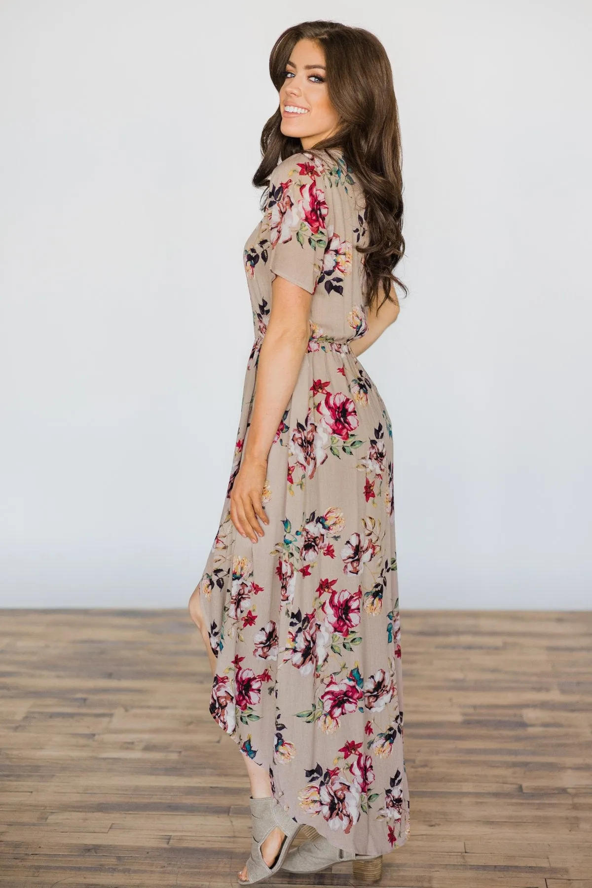 Hint of Spring Taupe Floral Maxi Dress
