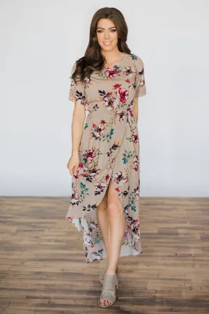Hint of Spring Taupe Floral Maxi Dress