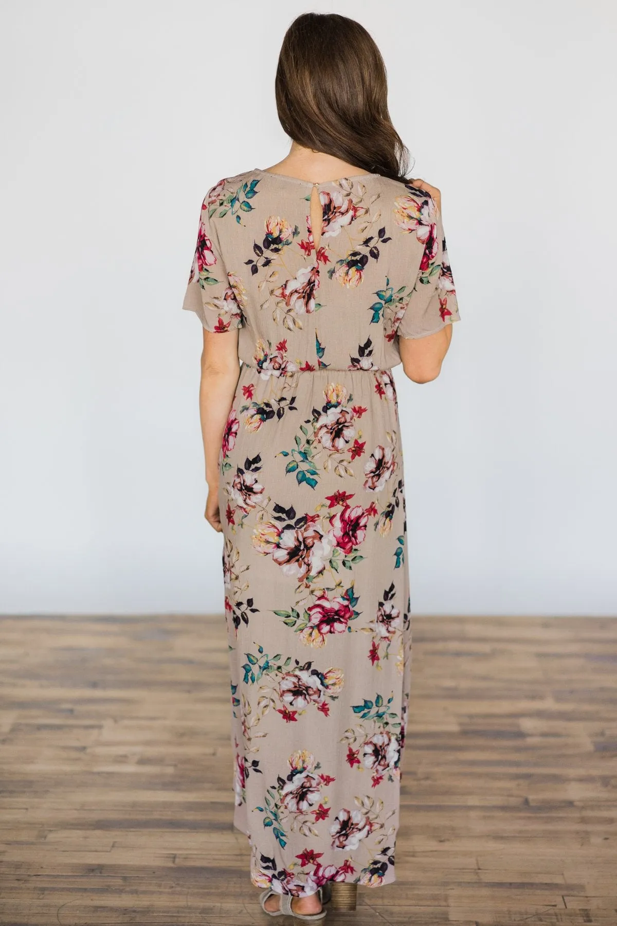 Hint of Spring Taupe Floral Maxi Dress