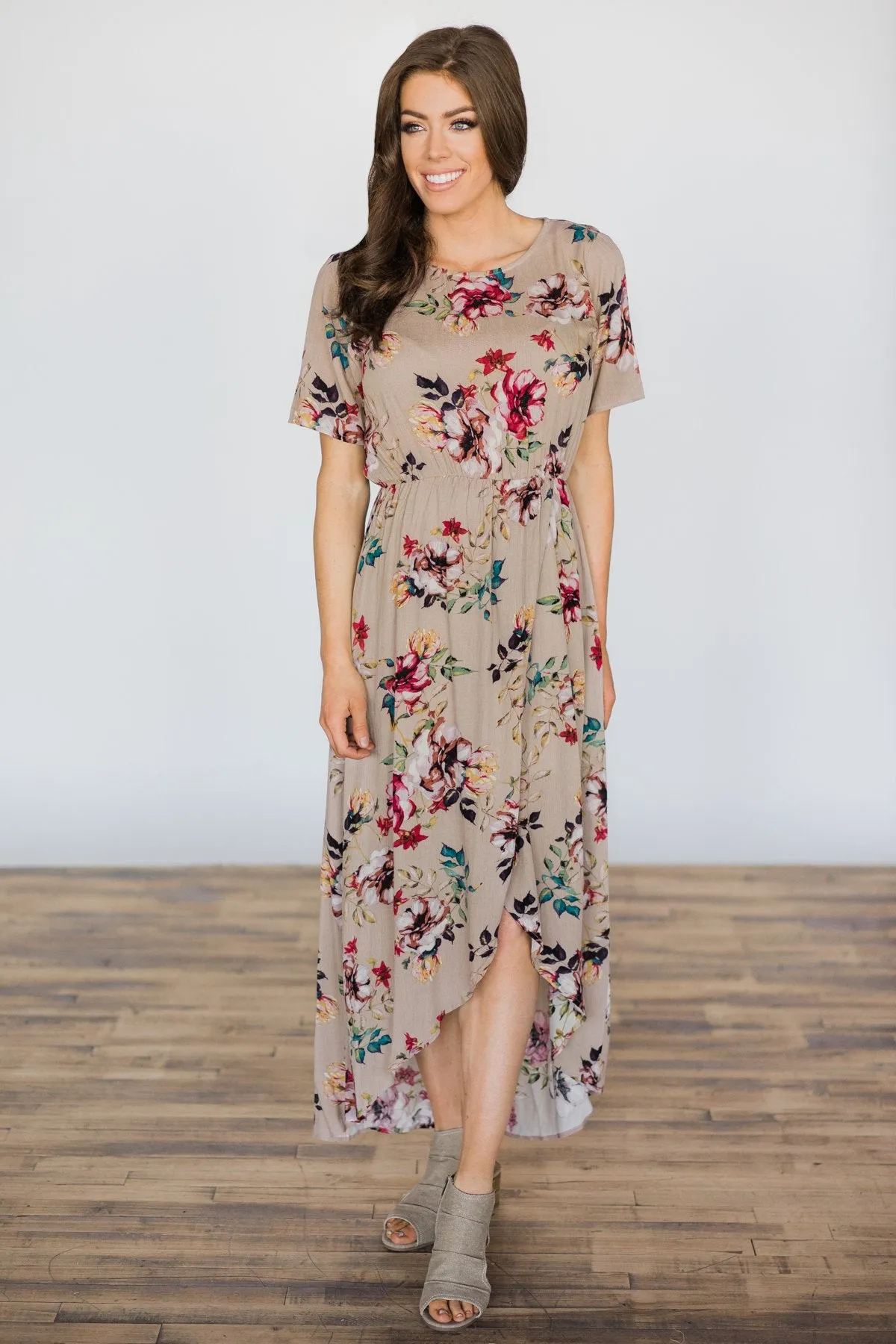 Hint of Spring Taupe Floral Maxi Dress