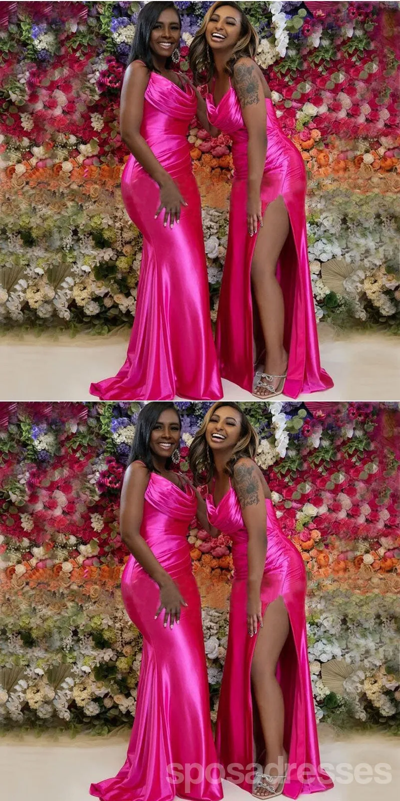 Hot Pink Mermaid Spaghetti Straps Side Slit Cheap Long Bridesmaid Dresses,WG1560