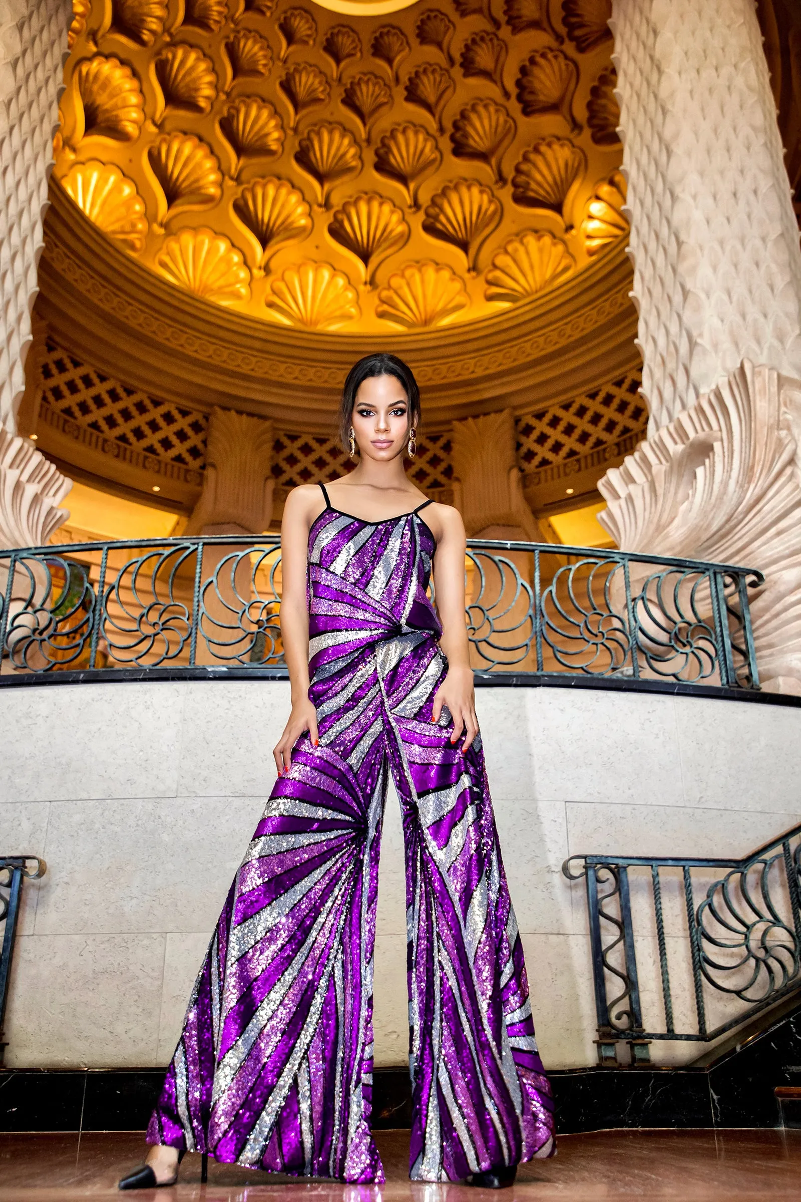 Ilona Rich Purple Geometric Sequin Cami Top