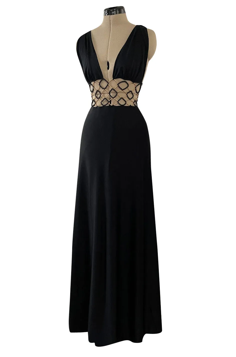 Incredible 1970s Loris Azzaro Open Gold & Black Bead Waist Dress w Halter Top & Bare Back
