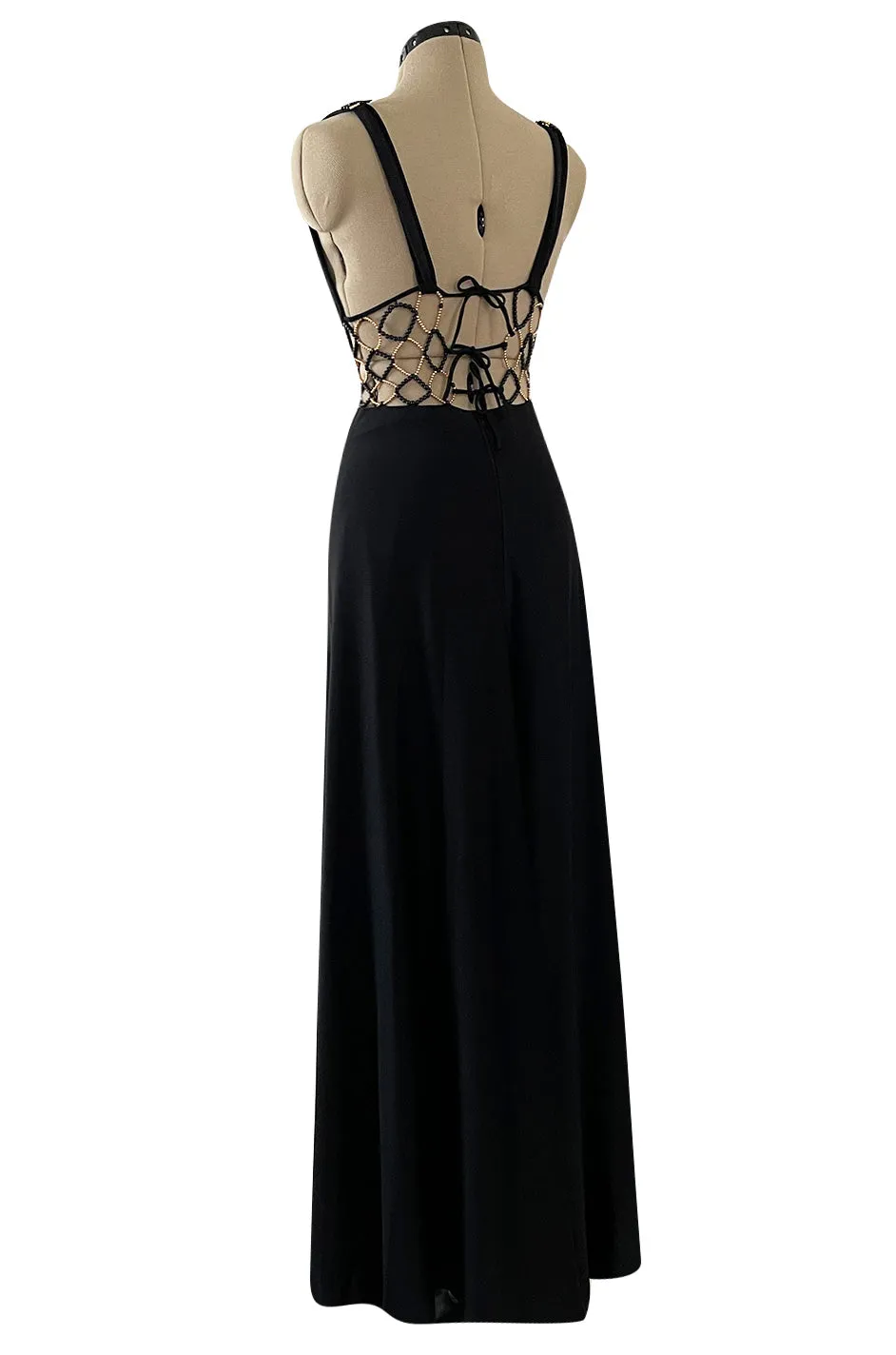 Incredible 1970s Loris Azzaro Open Gold & Black Bead Waist Dress w Halter Top & Bare Back