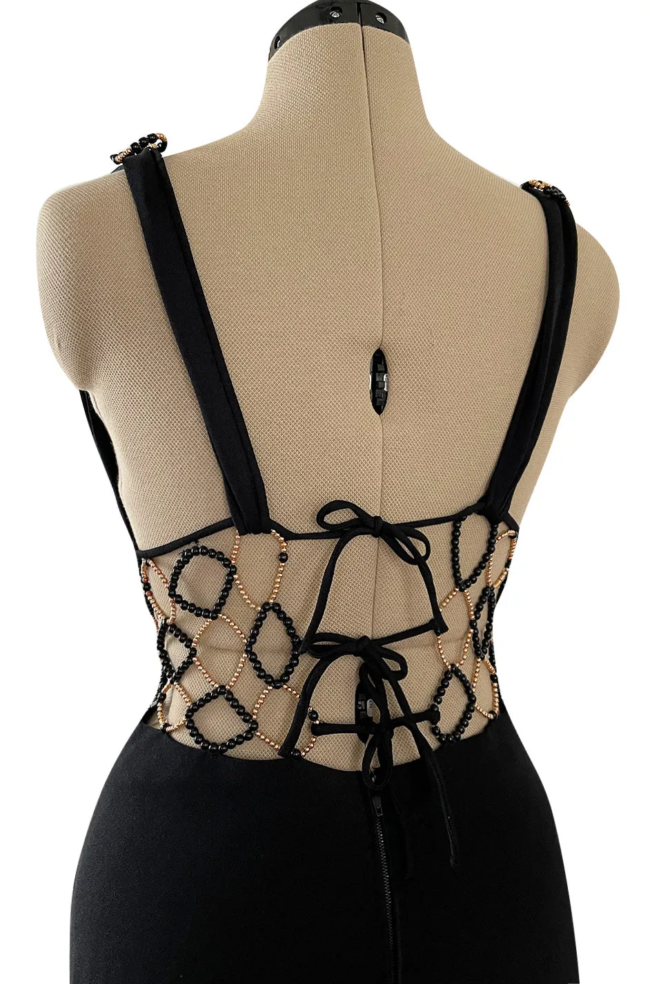 Incredible 1970s Loris Azzaro Open Gold & Black Bead Waist Dress w Halter Top & Bare Back